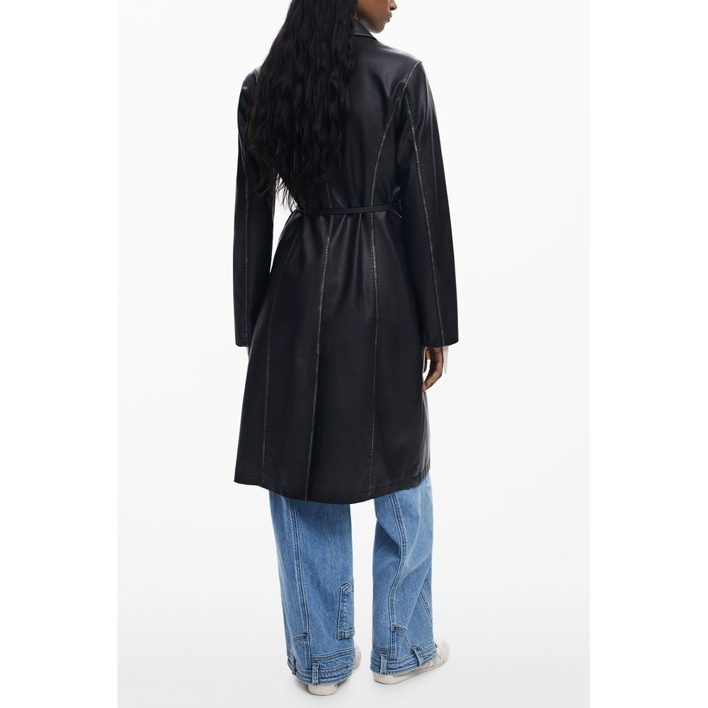 Back view of Desigual Black Polyethylene Women Coat highlighting waist-cinching belt and contrasting accents for elegant style.