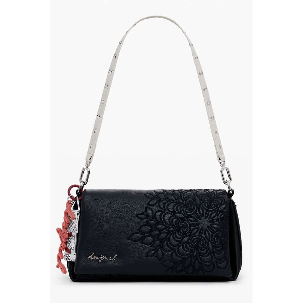 Desigual Black Polyethylene Women Handbag with floral embroidery and detachable strap, modern and stylish design.