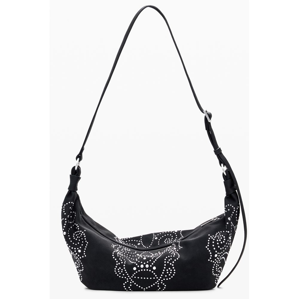 Desigual Black Polyethylene Women Handbag with studs and adjustable strap on white background