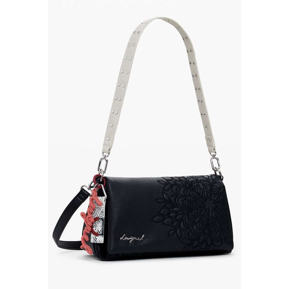 Desigual Black Polyethylene Women Handbag with embroidery, featuring removable shoulder handle and adjustable strap for versatile use.