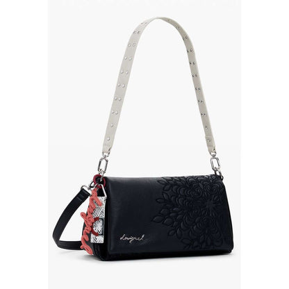 Desigual Black Polyethylene Women Handbag with embroidery, featuring removable shoulder handle and adjustable strap for versatile use.