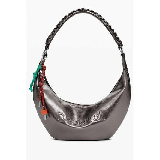 Desigual Bronze Polyethylene Women Handbag with shimmering hue, bold relief print, and adjustable straps.