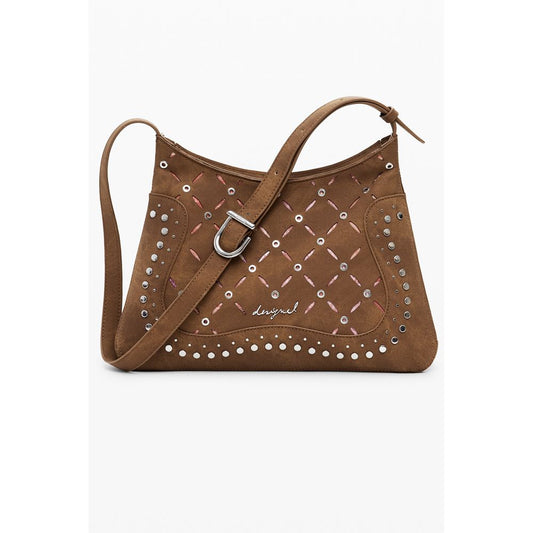 Desigual Brown Polyethylene Women Handbag with studs and adjustable strap, stylish shoulder bag with spacious compartments and secure closure