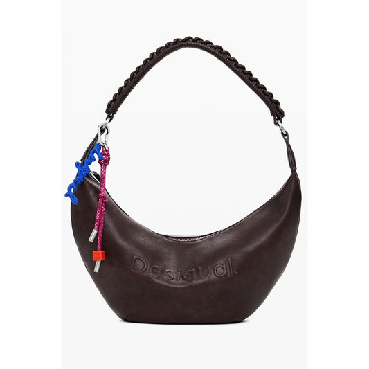 Desigual Brown Polyethylene Women Handbag with embossed logo, featuring removable handle and adjustable straps.