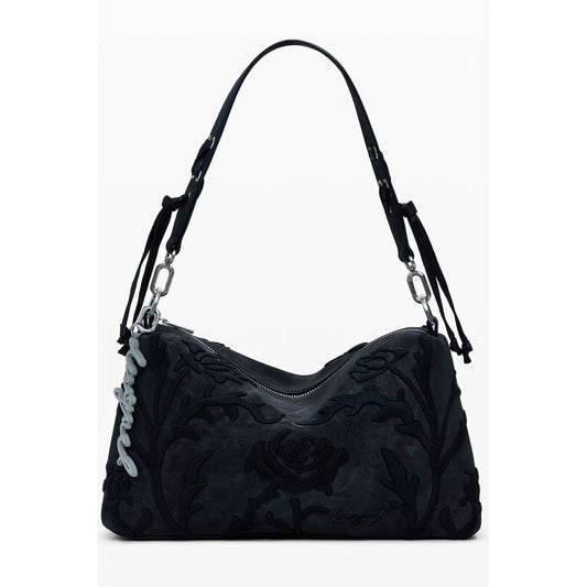 Alt Tag: Desigual Black Polyethylene Women Handbag with floral embroidery and adjustable strap, perfect for making a bold fashion statement.