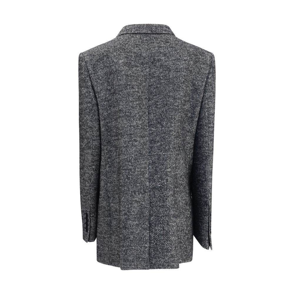 Rear view of a Dolce & Gabbana Gray Fleece Wool Blazer with a classic and elegant chevron pattern and tailored design.