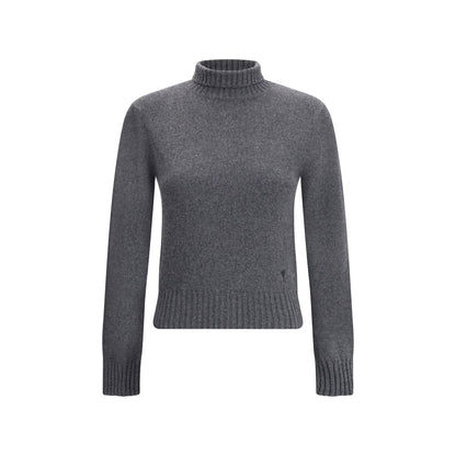 Ami Paris Gray Cashmere Turtleneck sweater with ribbed trim and Ami De Coeur logo on front, perfect for winter elegance.