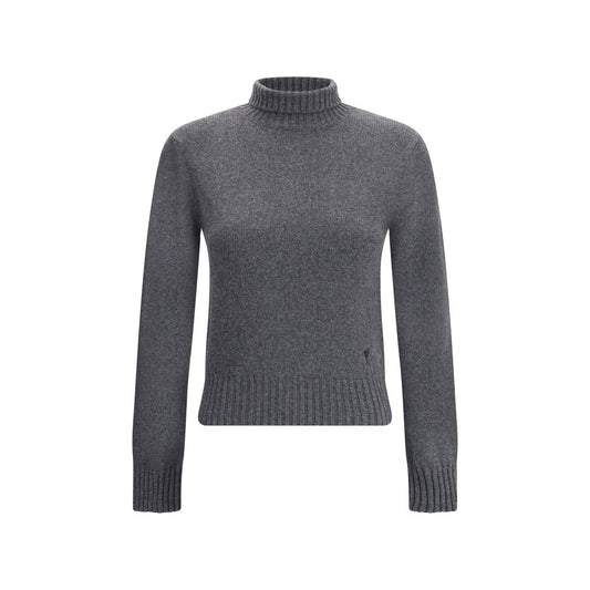 Ami Paris Gray Cashmere Turtleneck sweater with ribbed trim and Ami De Coeur logo on front, perfect for winter elegance.