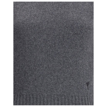 Close-up of Ami Paris Gray Cashmere Turtleneck with ribbed trim and Ami De Coeur logo detail, perfect for a stylish winter wardrobe.