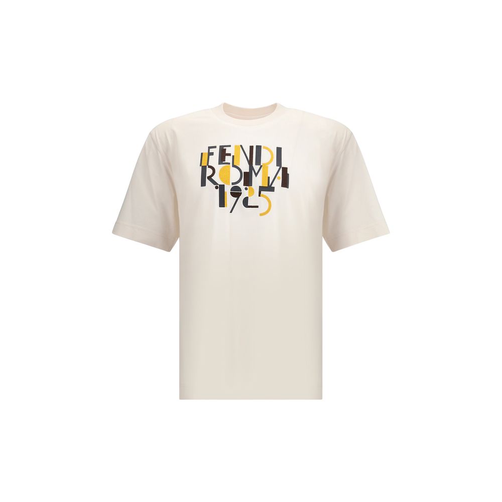 Fendi White Cotton T-Shirt with ribbed crew neck and logo print for a casual look, AW25 collection, 100% cotton.