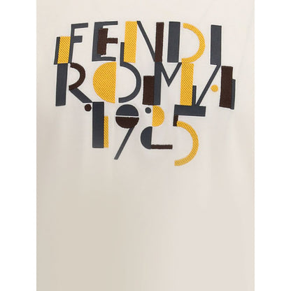 Fendi White Cotton T-Shirt with contrasting graphic print on the front, featuring a ribbed crew neck for a casual yet iconic look.
