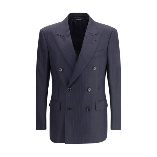 Tom Ford Blue Wool Blazer with pinstripe double-breasted design and peaked lapels, featuring welt flap pockets, AW25 collection.