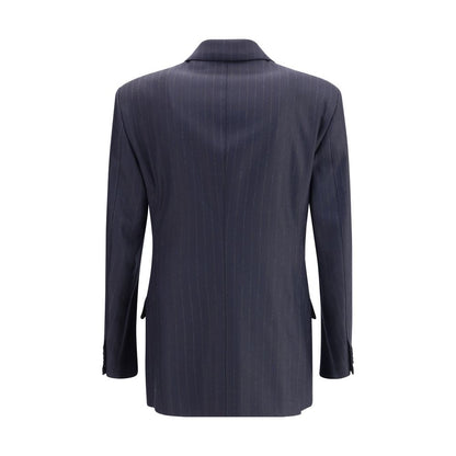 Back view of Tom Ford Blue Wool Blazer with pinstripes, showcasing double-breasted design and peaked lapels, perfect for a sophisticated look.
