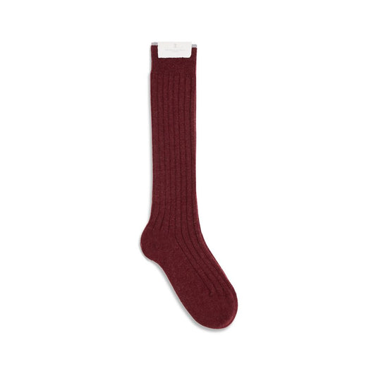 Brunello Cucinelli Bordeaux Cashmere Socks in rich red, knee-high fit, fine ribbed cashmere knit, perfect for comfort and style.