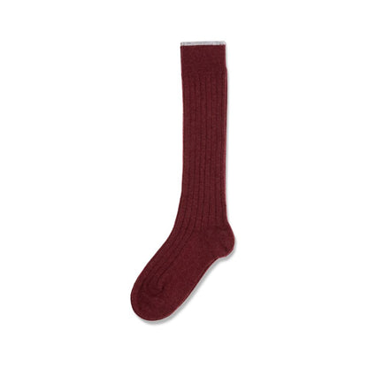 Brunello Cucinelli Bordeaux Cashmere Socks featuring fine ribbed knit with knee-high fit, offering comfort and sophistication.