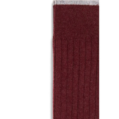 Brunello Cucinelli Bordeaux Cashmere Socks featuring ribbed knit and knee-high fit, blending comfort and style in elegant red tone.