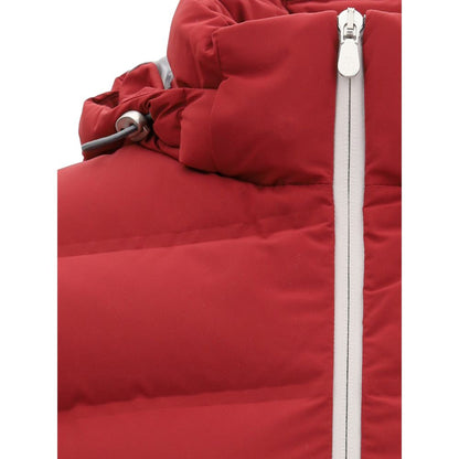 Close-up of Brunello Cucinelli Red Polyester Jackets And Coat with zipper and adjustable hood for style and functionality.