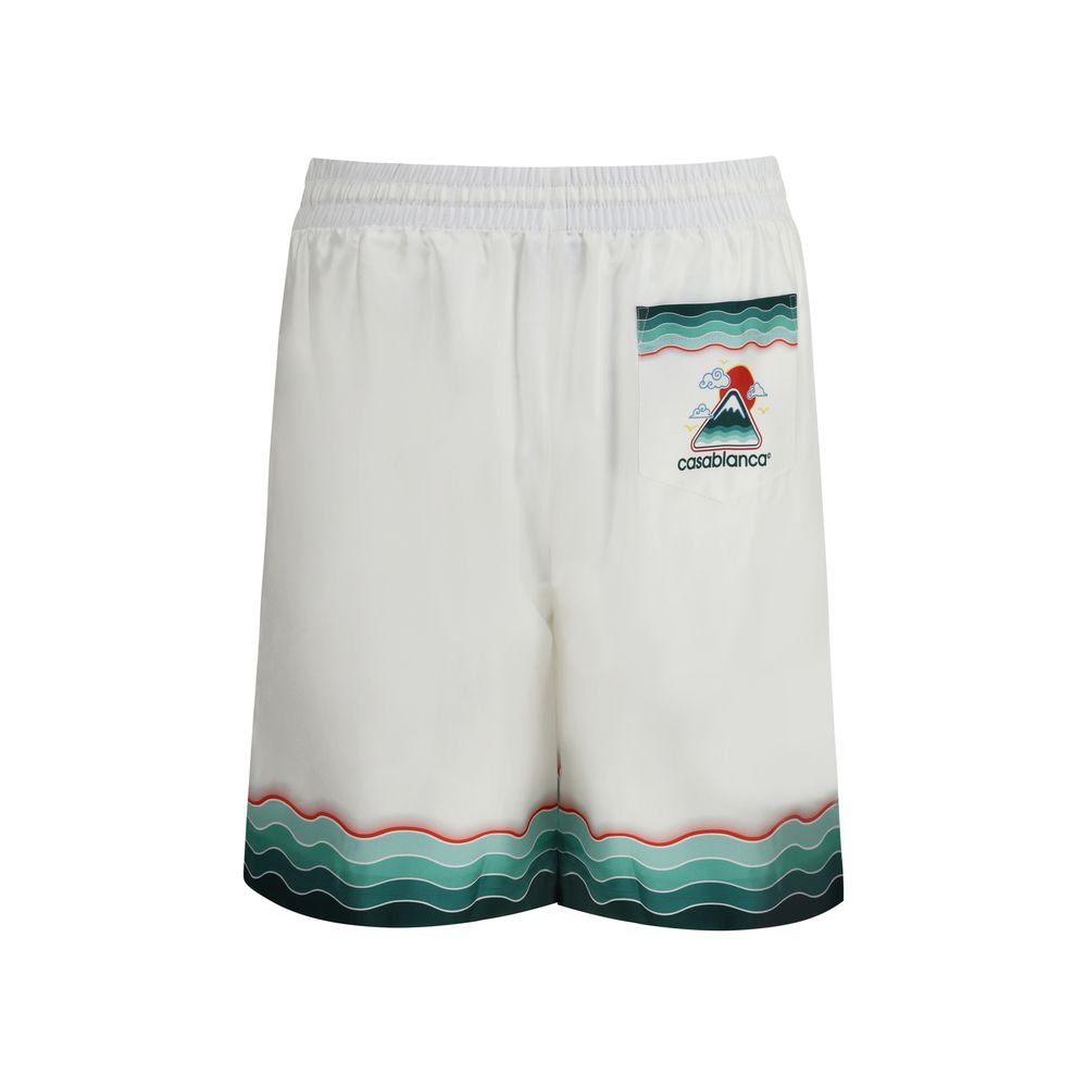 Casablanca White Silk Bermuda Shorts with Japanese-inspired print, elastic waistband, side pockets, and bold visual design.