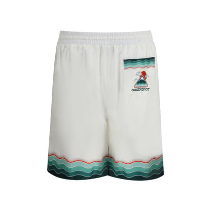 Casablanca White Silk Bermuda Shorts with Japanese-inspired print, elastic waistband, side pockets, and bold visual design.