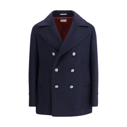 Brunello Cucinelli Blue Wool Coat with metal buttons and classic lapel collar, featuring low pockets and double back slit for AW25 season.