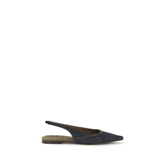 Brunello Cucinelli Blue Cotton Ballet Flats with suede lining and nickel-free jewel decoration.