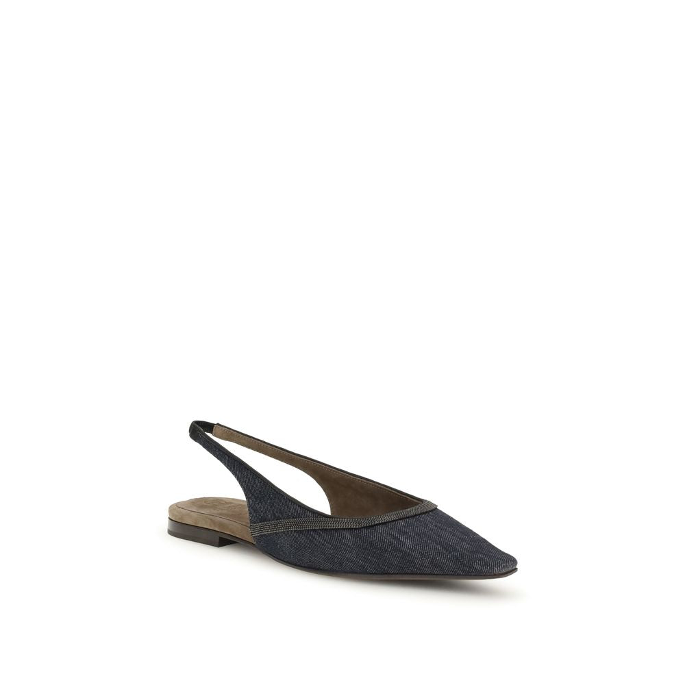 Brunello Cucinelli Blue Cotton Ballet Flats with nickel-free jewel decoration, suede lining, and leather sole for AW25 season.