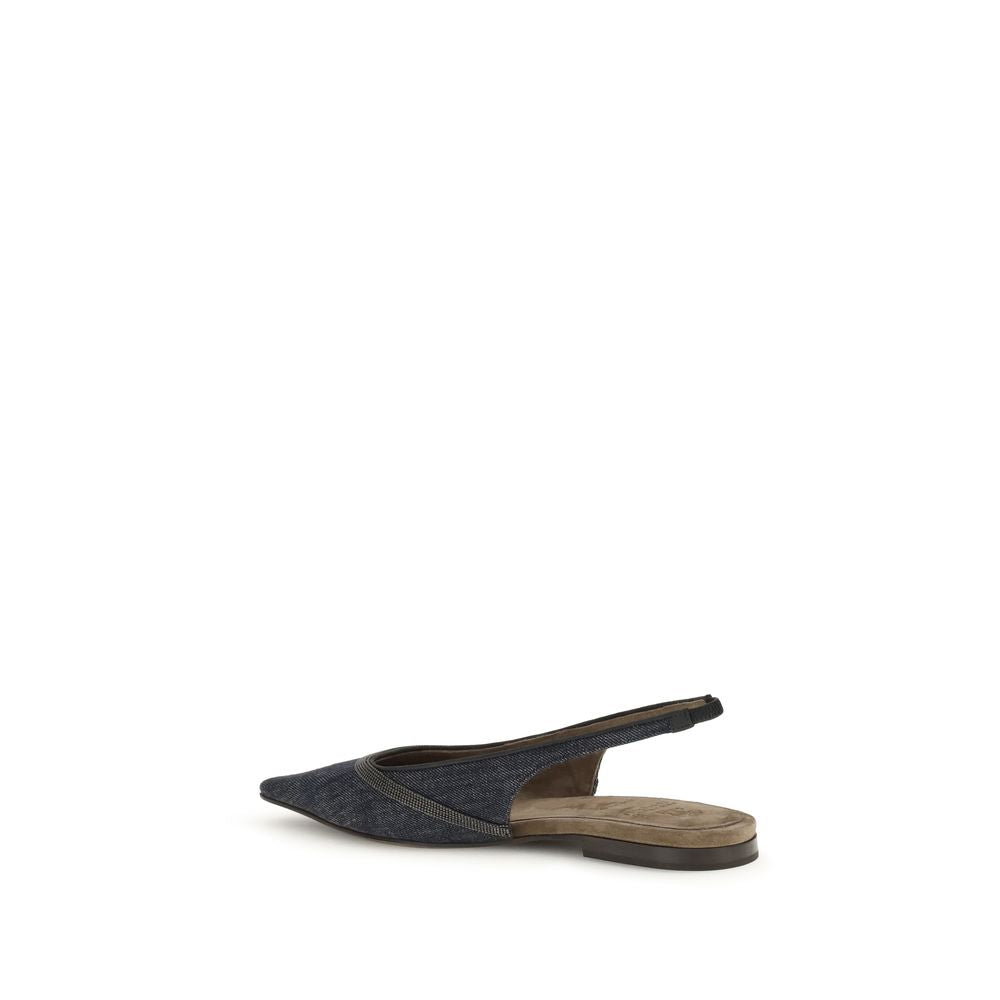 Side view of Brunello Cucinelli Blue Cotton Ballet Flats with elastic band and suede lining, showcasing casual elegance and jewel decoration.