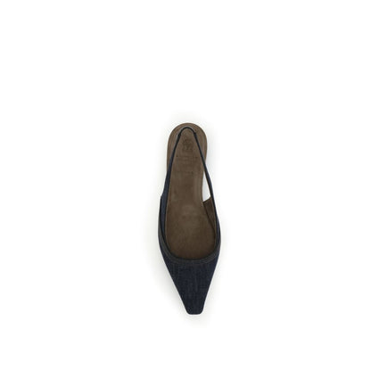 Top view of Brunello Cucinelli Blue Cotton Ballet Flats with denim design and elastic slingback, featuring a suede lining and leather sole.