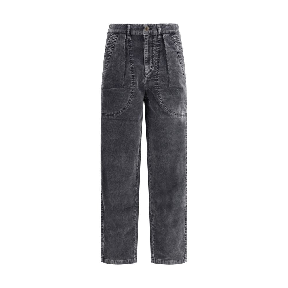 Marant Etoile Black Cotton Casual Pants with ribbed velvet design, metal button closure, and pleated front detailing.