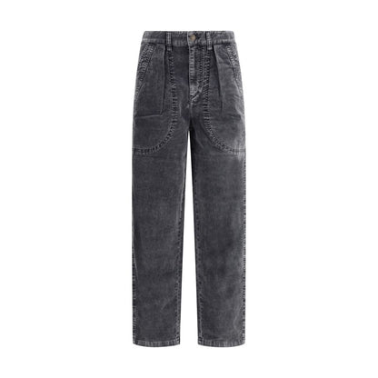 Marant Etoile Black Cotton Casual Pants with ribbed velvet design, metal button closure, and pleated front detailing.