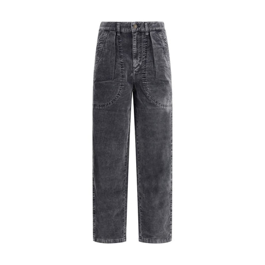 Marant Etoile Black Cotton Casual Pants with ribbed velvet design, metal button closure, and pleated front detailing.