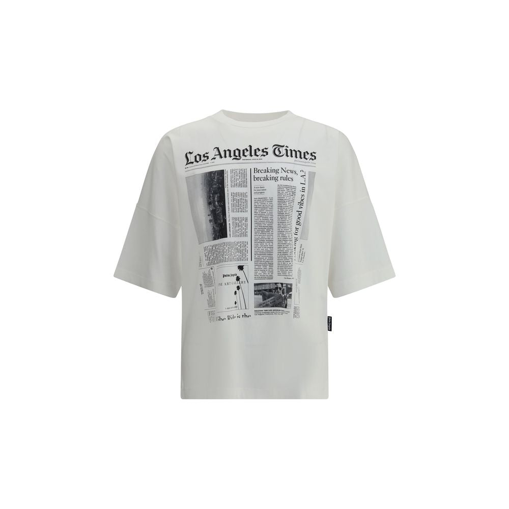 Palm Angels White Cotton T-Shirt with newspaper print design, featuring crew neck and short sleeves.