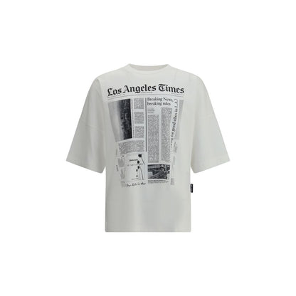 Palm Angels White Cotton T-Shirt with newspaper print design, featuring crew neck and short sleeves.