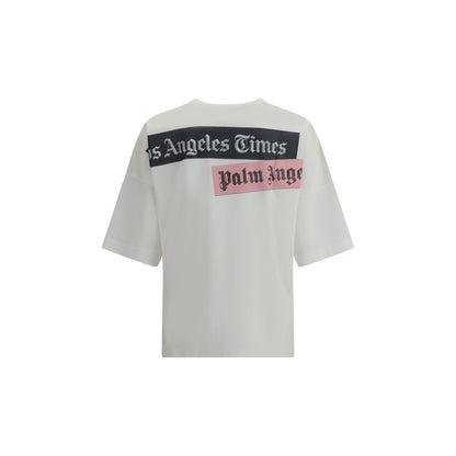 Back view of Palm Angels White Cotton T-Shirt with Paxlatimes News print, crew neckline, short sleeves, and straight hem for AW25.