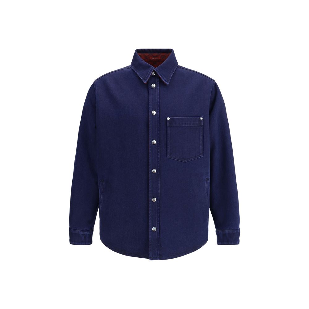 Gucci Blue Denim Shirt with dark blue denim, red and blue brushed GG flannel, and Gucci buttons, AW25 collection.