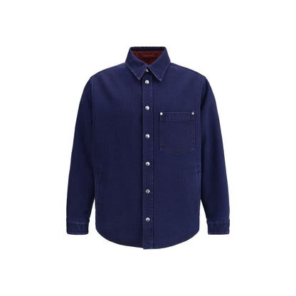 Gucci Blue Denim Shirt with dark blue denim, red and blue brushed GG flannel, and Gucci buttons, AW25 collection.