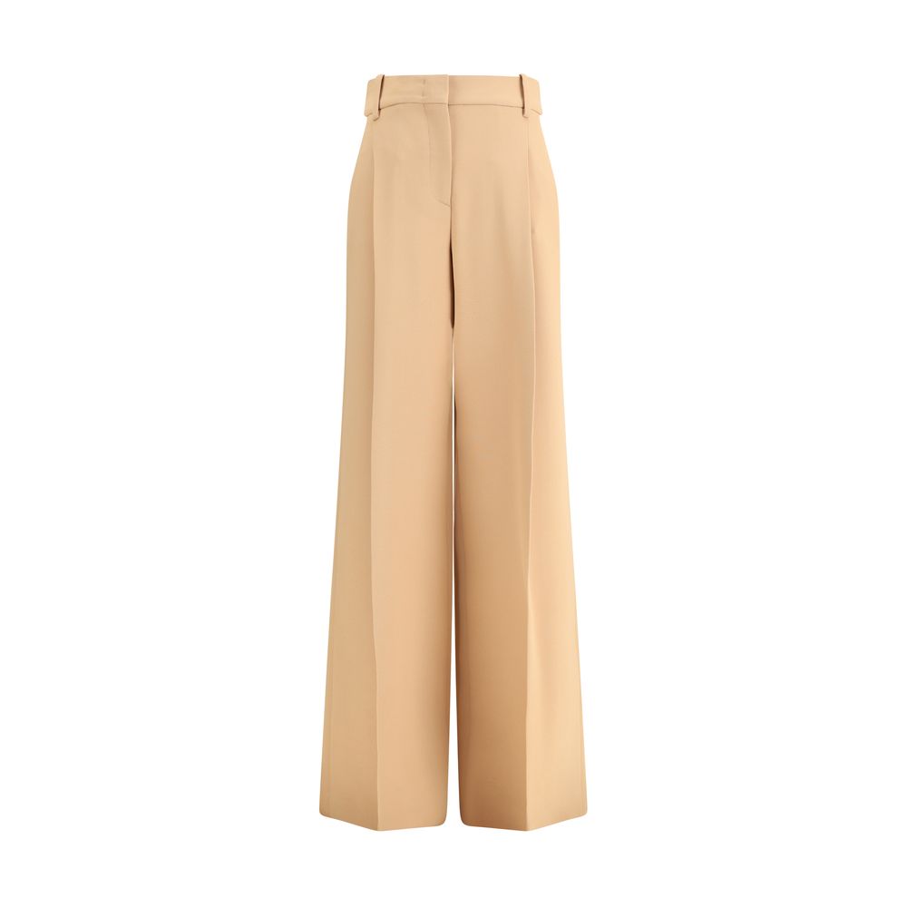 Ermanno Scervino Beige Viscose Casual Pants with wide legs, front darts, zipper and hook closure, belt loops, and side welt pockets.