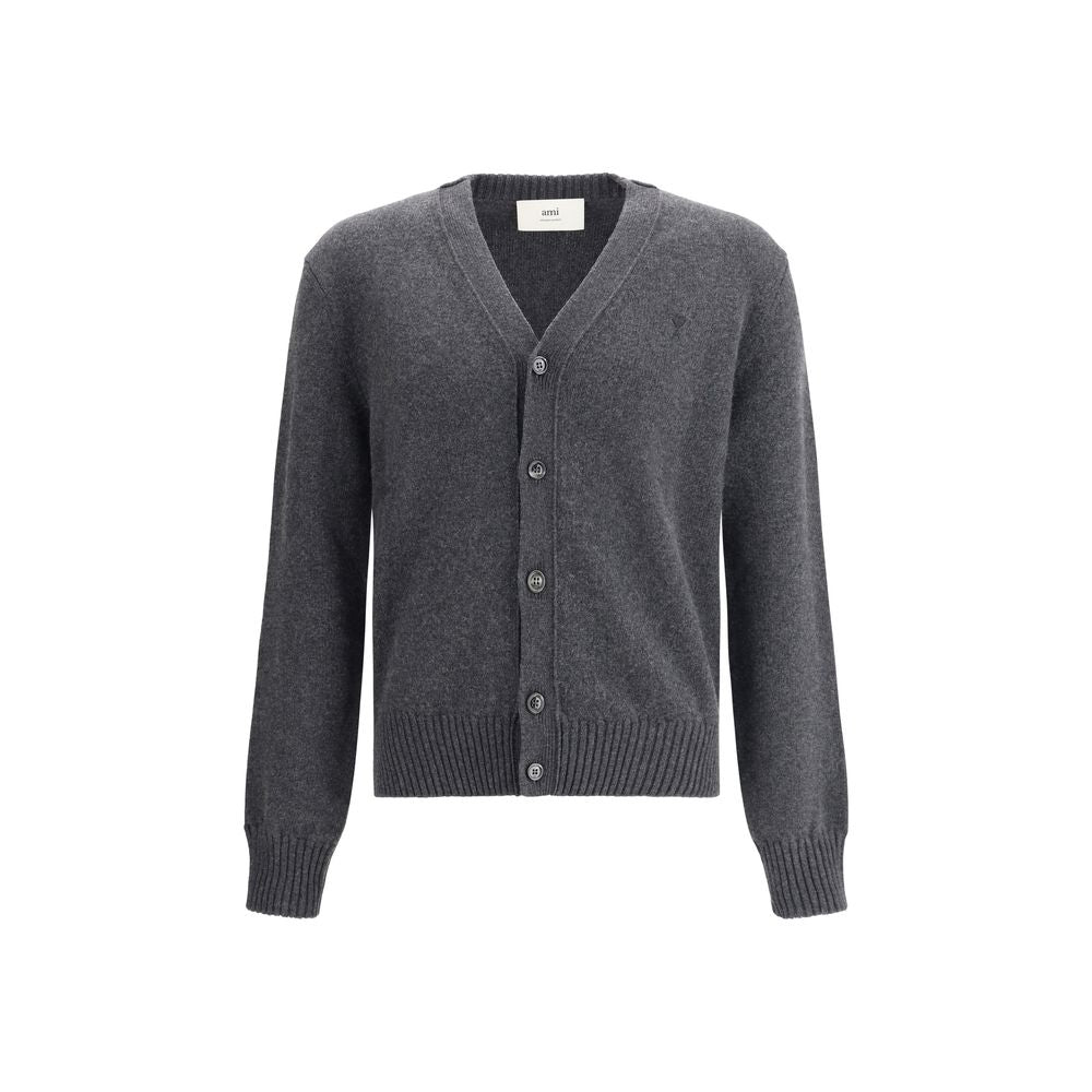 Ami Paris Gray Cashmere Cardigan with button closure and embroidered logo on front, ribbed cuffs and hem for refined style.