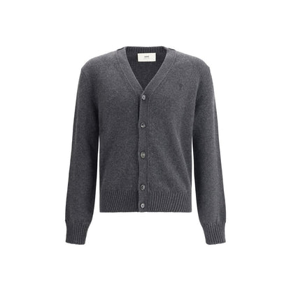 Ami Paris Gray Cashmere Cardigan with button closure and embroidered logo on front, ribbed cuffs and hem for refined style.