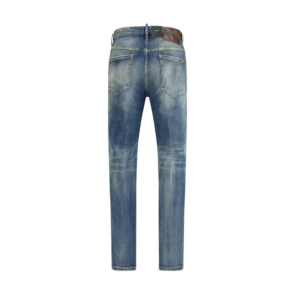 Back view of Dsquared² Blue Cotton Slim Fit Jeans showcasing classic five-pocket design and contrasting logo detail.