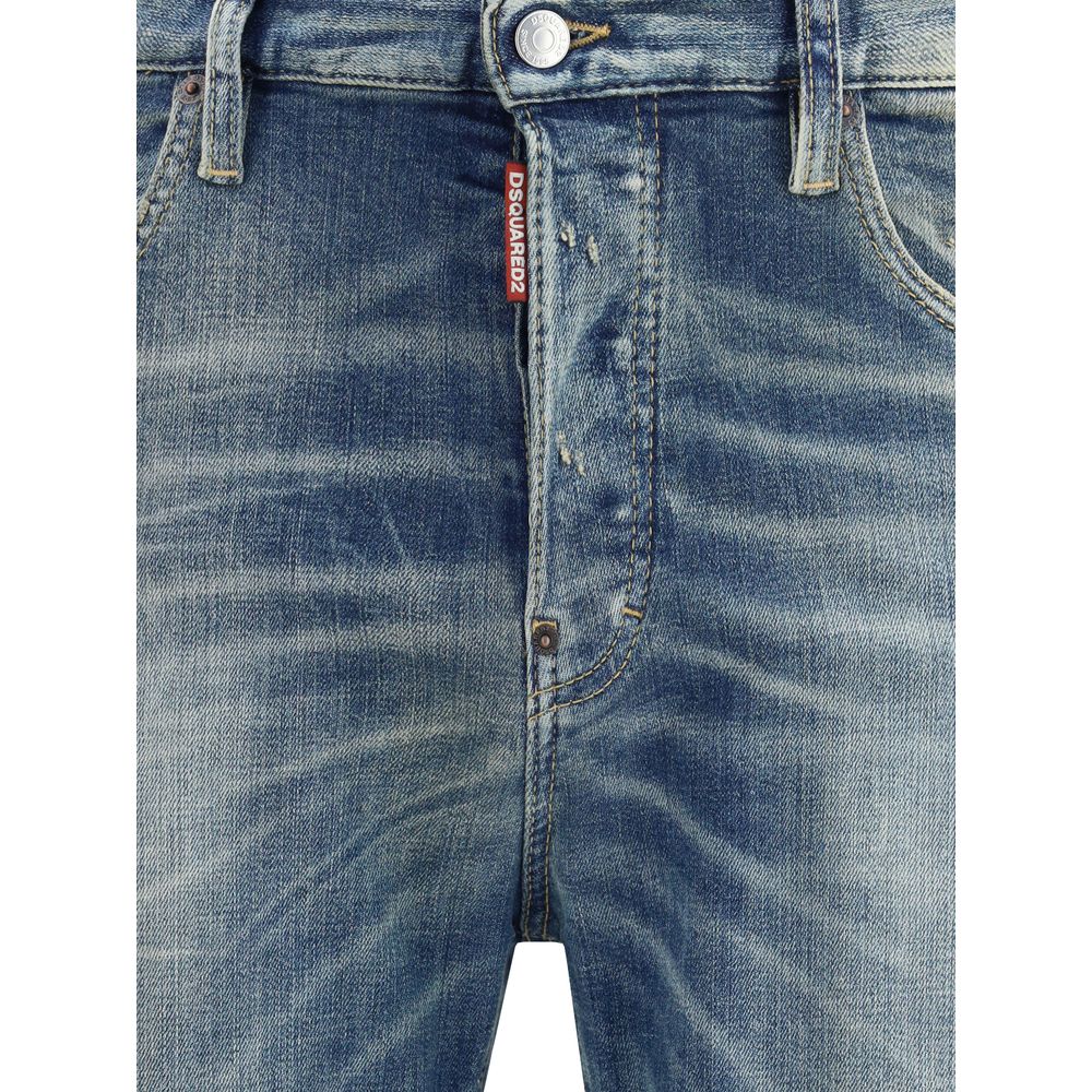 Close-up of Dsquared² Blue Cotton Slim Fit Jeans with logo detailing and classic five-pocket design, perfect for an urban style.