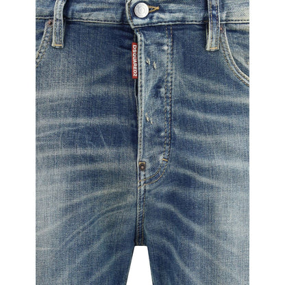 Close-up of Dsquared² Blue Cotton Slim Fit Jeans with logo detailing and classic five-pocket design, perfect for an urban style.