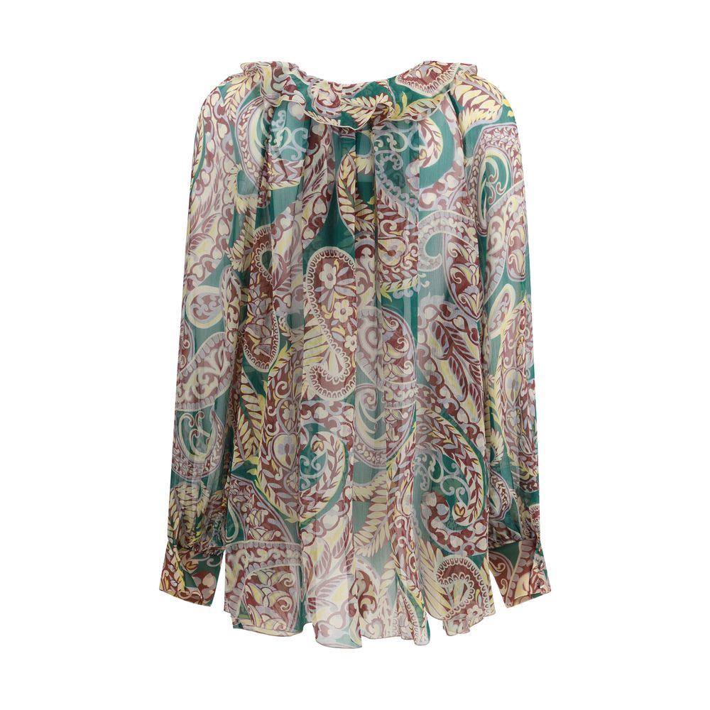 Etro Multicolor Silk Pattern Shirt with paisley print, ruffles, asymmetric hem, and sheer silk fabric, showcasing back pleats for added volume.