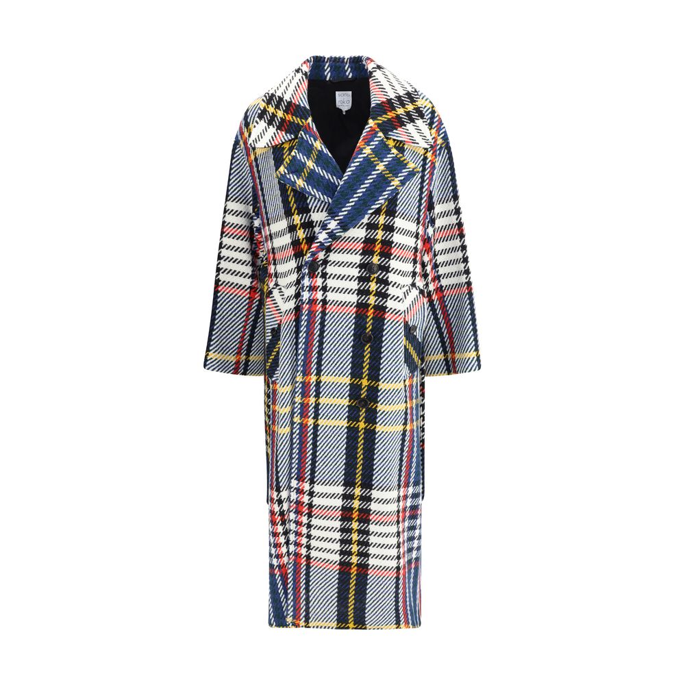 Sara Roka Multicolor Wool Coat with check pattern, wide lapels, double-breasted closure, and matching sash for AW25 season.