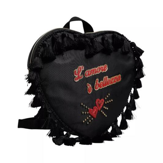 Dolce & Gabbana Black Heart L'Amore Patch Embellished Kids Backpack with tassel trim and embroidered design