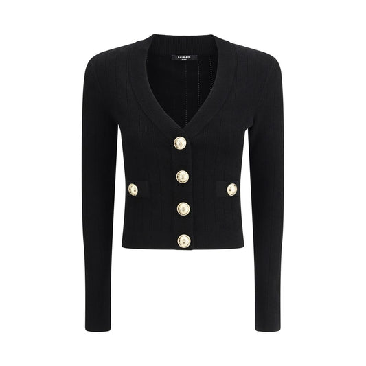 Balmain Black Viscose Cardigan with embossed buttons, cropped design, slim fit, monochrome pattern, v-neck front, AW25 collection