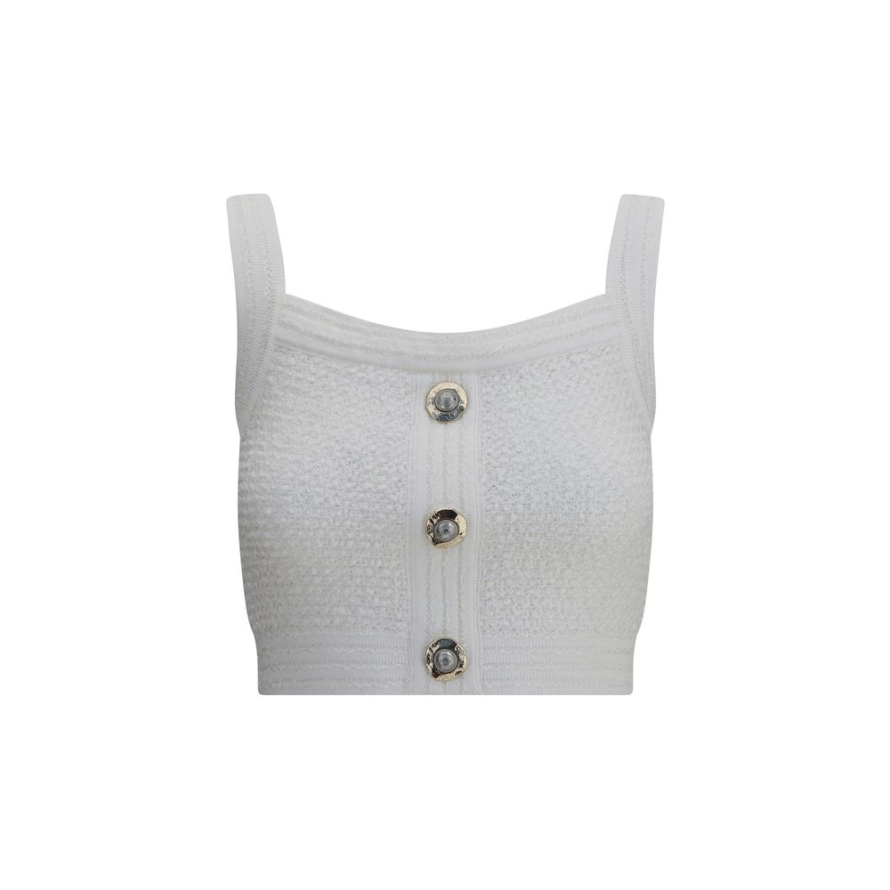 Balmain White Polyamide Top in iconic tweed with square neckline, thick straps, and embossed button front for structured elegance.