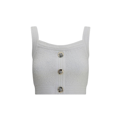Balmain White Polyamide Top in iconic tweed with square neckline, thick straps, and embossed button front for structured elegance.
