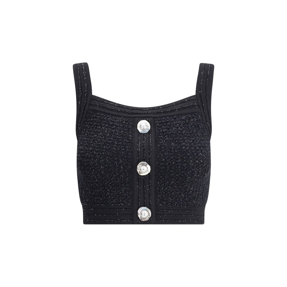 Balmain Black Polyamide Top with square neckline, thick straps, tweed fabric, and embossed button closure.