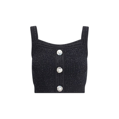 Balmain Black Polyamide Top with square neckline, thick straps, tweed fabric, and embossed button closure.